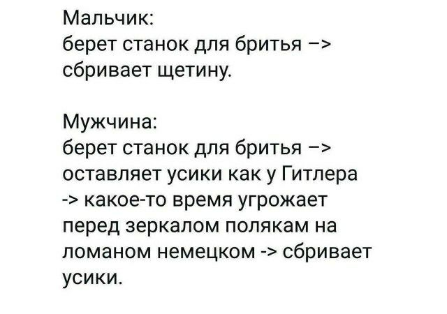 Мальчик берет станок для бритья сбривает щетину Мужчина берет станок для бритья оставляет усики как у Гитлера какое то время угрожает перед зеркалом полякам на ломаном немецком сбривает усики