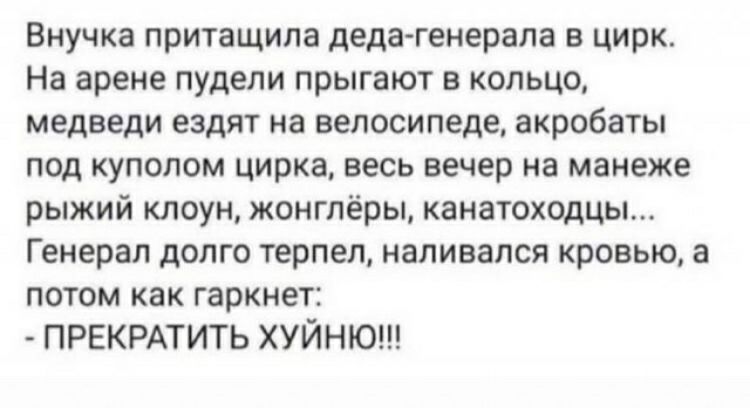 Внучка притащила деда генерала в цирк На арене пудепи прыгают в кольцо медведи ездят на велосипеде акробаты под куполом цирка весь вечер на манеже рыжий клоун жонгпёры канатоходцы Генерал долго терпел напивался кровью а ПОТОМ КВК гаркнет ПРЕКРАТИТЬ ХУЙНЮ