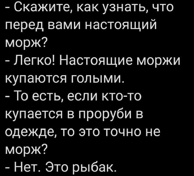 Скажите как узнать что перед вами настоящий морж Легко Настоящие моржи купаются голыми То есть если кто то купается в проруби в одежде то это точно не морж Нет Это рыбак