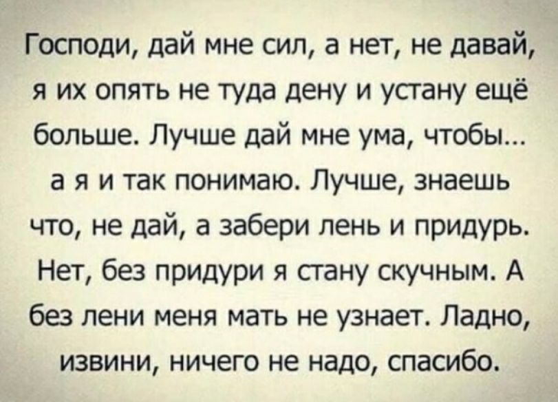 Господи дай мне сил а нет не давай я их опять не туда цену и усгану ещё больше Лучше дай мне ума чтобы в я и так понимаю Лучше знаешь что не дай а забери лень и придурь Нет без придури я стану скучным А без лени меня мать не узнает Ладно извини ничего не надо спасибо