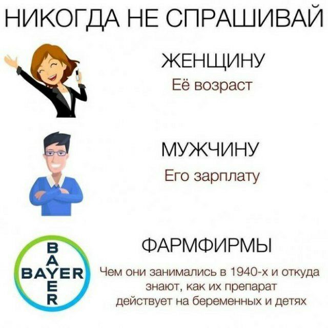 НИКОГДА НЕ СПРАШИВАЙ ЖЕН ЩИ НУ Её возраст мужчину Его зарплату Ё ФАРМФИРМЫ ВАУЕК Чем они занимались в 9401 И откуда Е знают как их препарат и дейсгвуеТ а беременных и дегях