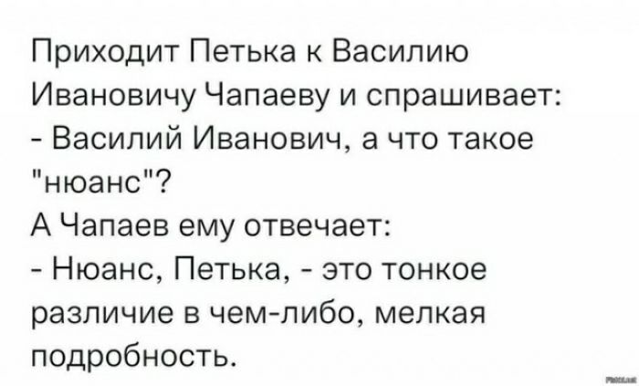 Приходит Петька к Василию Ивановичу Чапаеву и спрашивает Василий Иванович а что такое нюанс А Чапаев ему отвечает Нюанс Петька это тонкое различие в чемлибо мелкая подробность