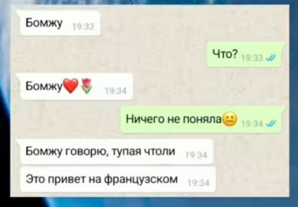 Бомжу Ничегоппоюша Бомжу говорю тупая чтоли Эш привеч на Французском