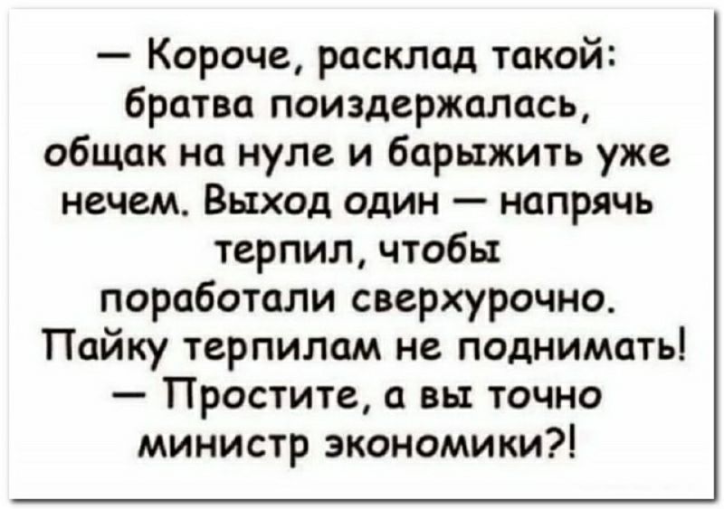 Короче расклад такой братва поиздержалась общак на нуле и барыжить уже нечем Выход один напрячь терпил чтобы поработали сверхурочно Пайку терпилам не поднимать Простите а вы точно министр зкономики