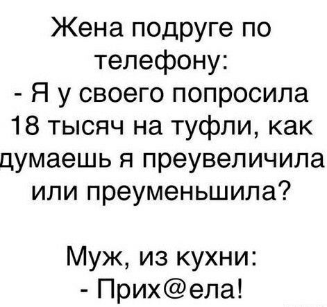 Жена подрУге по телефону Я у своего попросила 18 тысяч на туфли как думаешь я преувеличила или преуменьшила Муж из кухни Прихепа