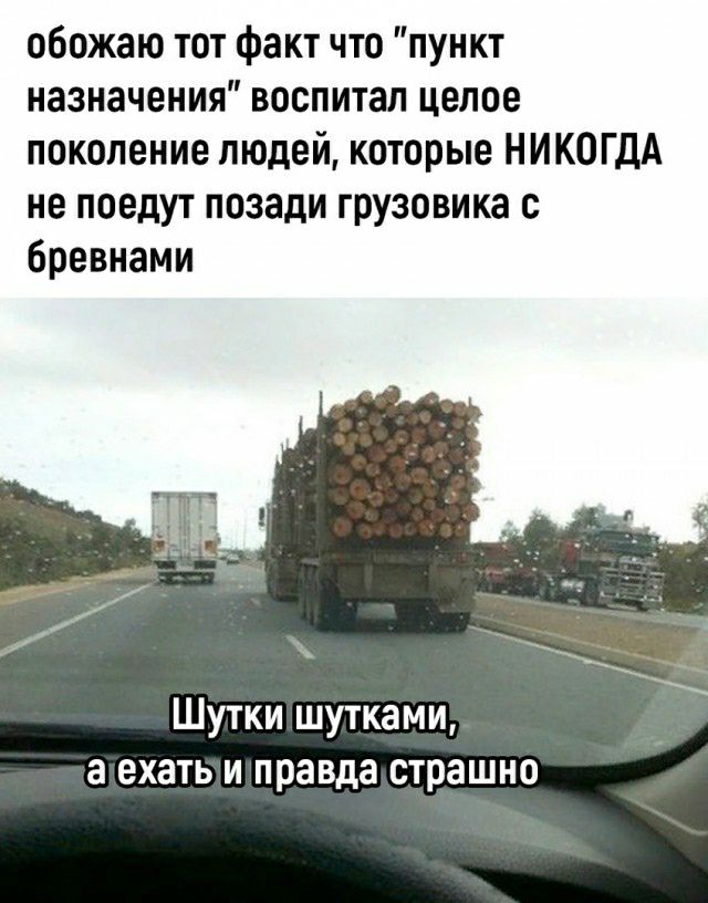 обожаю тот Факт что пункт назначения воспитал целое поколение людей которые НИКОГДА не поедут позади грузовика бревнами Шутки шутками а ехать и правда страшно
