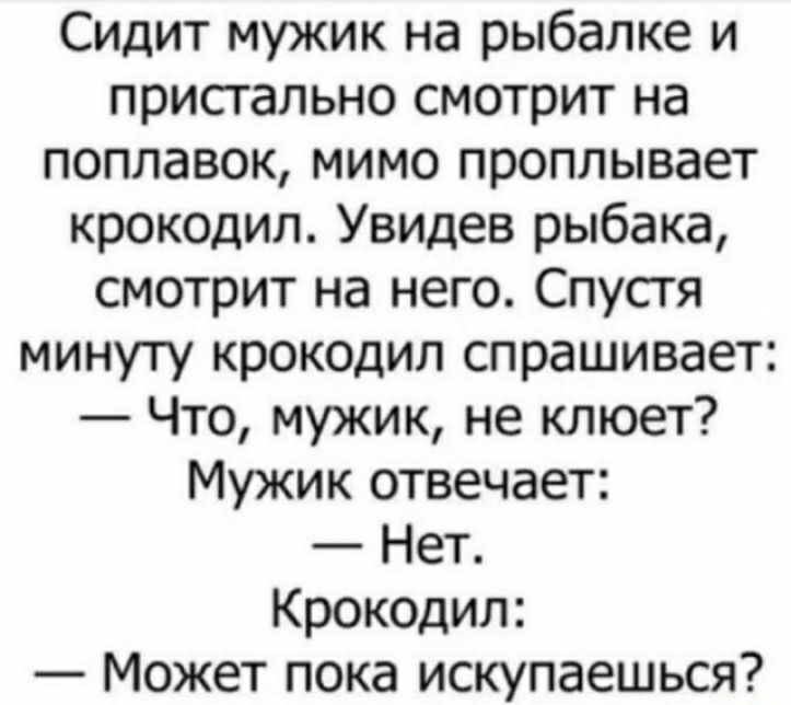 Сидит мужик на рыбалке и пристально смотрит на поплавок мимо проплывает крокодил Увидев рыбака смотрит на него Спустя минуту крокодил спрашивает Что мужик не клюет Мужик отвечает Нет Крокодил Может пока искупаешься