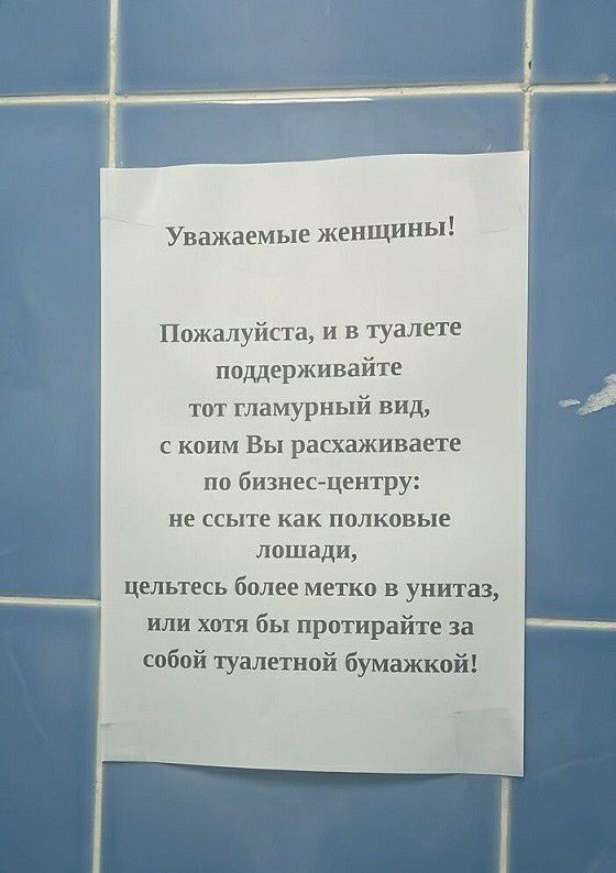 Уважаемые женщины Пожалуйста в туалете поддерживайте тот гламурный вид коим Вы расхаживаете по бизнес центру не ссыте как полковые лошади целы есь бплее метко в унитаз или катя бы протирайте за сабой туалетной бумажкой