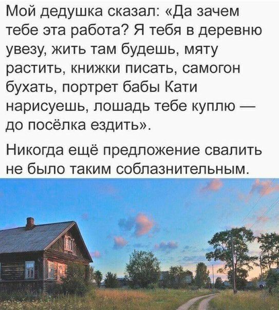 Мой дедушка сказал да зачем тебе эта работа Я тебя в деревню увезу жить там будешь мяту растить книжки писать самогон бухать портрет бабы Кати нарисуешь лошадь тебе куплю до посёлка ездить Никогда ещё предложение свалить не было таким соблазнительным