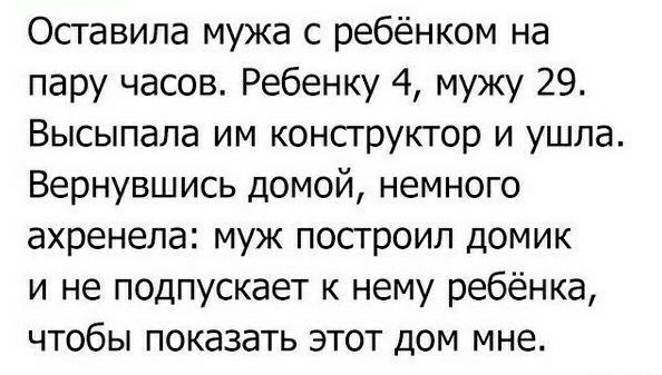 Осгавипа мужа с ребёнком на пару часов Ребенку 4 мужу 29 Высыпала им конструктор и ушла Вернувшись домой немного ахренепа муж построил домик и не подпускает к нему ребёнка чтобы показать этот дом мне
