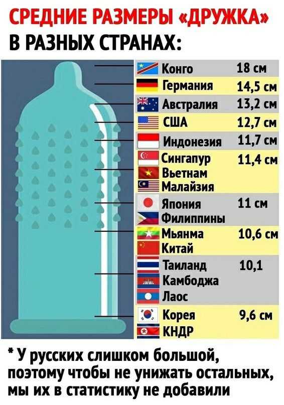 СРЕДНИЕ РАЗМЕРЫ сдРУЖКА В РАЗНЫХ СТРАНАХ Конт 18 см _ Германия 145 см в Анталии 132 см США 117 от __ Индонезия 117 см _Сиигапуг 114 см _ Вьетнам ЕЁ Малайзии Япония 11 см Филиппины Мьянма 106 и Китай _ Таиланд 101 Кандида Лаос Кореи 96 см Е К У русских слишком большой поэтому чтобы не унижать остальных мы их в статистику ие добавили