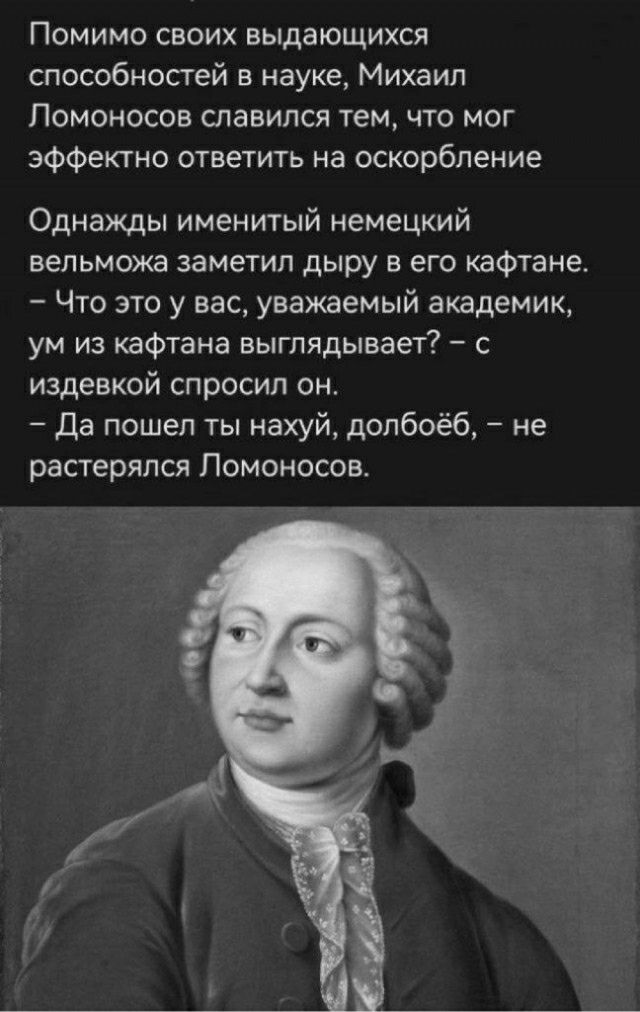 Помимо своих выдающихся способностей в науке Михаил Ломоносов славился тем что мог эффектно ответить на оскорбление Однажды именитый немецкий вельможа заметил дыру в его кафтане Что это у вас уважаемый академик ум из кафтана выглядывает с издевкой спросил он Да пошел ты нахуй долбоёб не растерялся Ломоносов