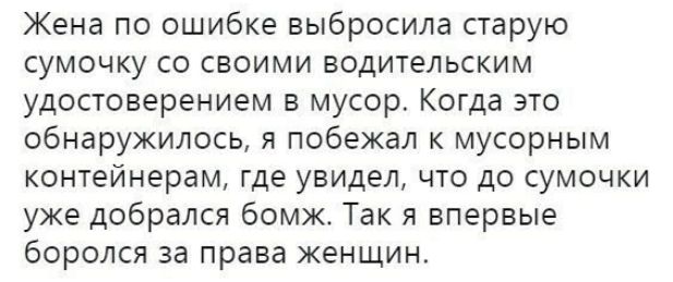 Жена по ошибке выбросила старую сумочку со своими водительским удостоверением в мусор Когда это обнаружилось я побежал к мусорным контейнерам где увидел что до сумочки уже добрался бомж Так я впервые боролся за права женщин