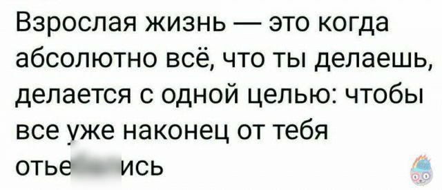 Взрослая жизнь это когда абсолютно всё что ты делаешь делается с одной целью чтобы все уже наконец от тебя отьебались