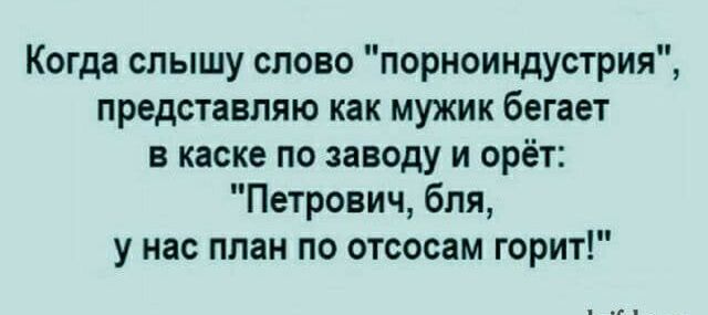 Когда слышу слово порноиндустрия представляю как мужик бегает каске по заводу и орёт Петрович бпя у нас план по отсосам горит