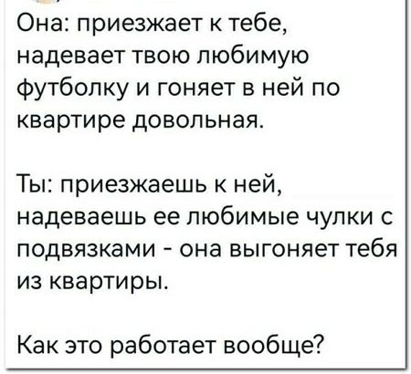 Она приезжает к тебе надевает твою любимую футболку и гоняет в ней по квартире довольная Ты приезжаешь к ней надеваешь ее любимые чулки с подвязками она выгоняет тебя из квартиры Как это работает вообще