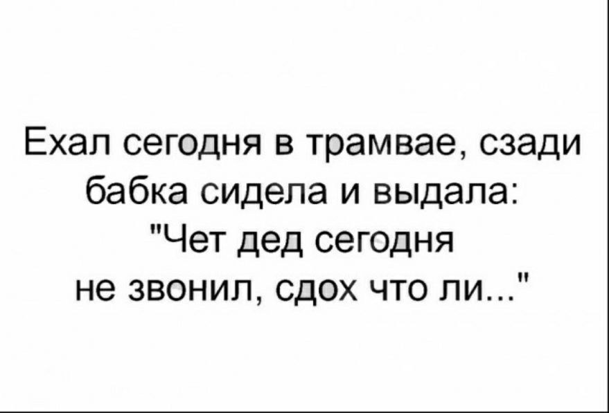 Ехал сегодня в трамвае сзади бабка сидела и выдала Чет дед сегодня не звонил сдох что ли