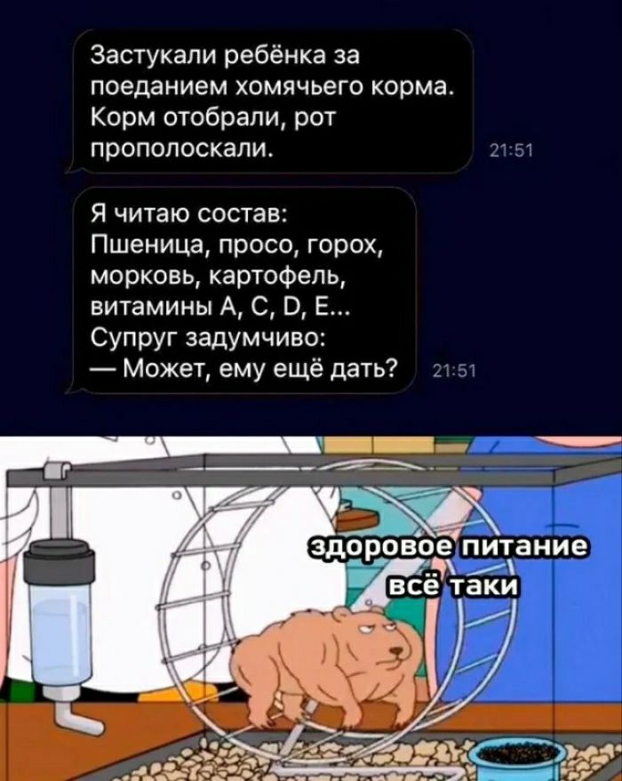 Застукапи ребёнка за поеданием хомячьего корма Корм отобрали рот прополоскапи Я читаю состав Пшеница просо горох морковь картофель витамины А С О Е Супруг задумчиво Может ему ещё дать