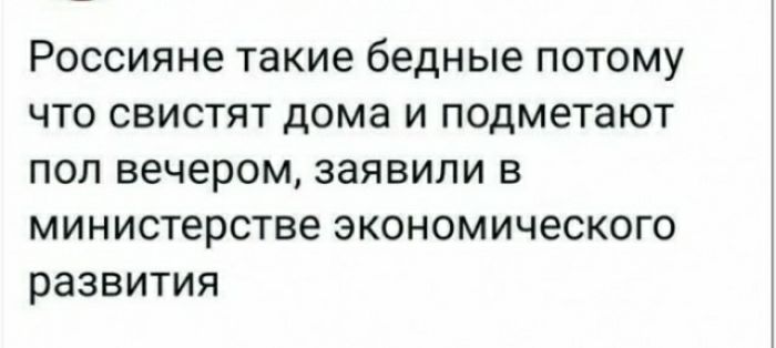 РОССИЯНЕ такие бедные ПОТОМУ ЧТО СВИСТЯТ дома И подметают ПОЛ вечером заявили В министерстве ЭКОНОМИЧЭСКОГО развития