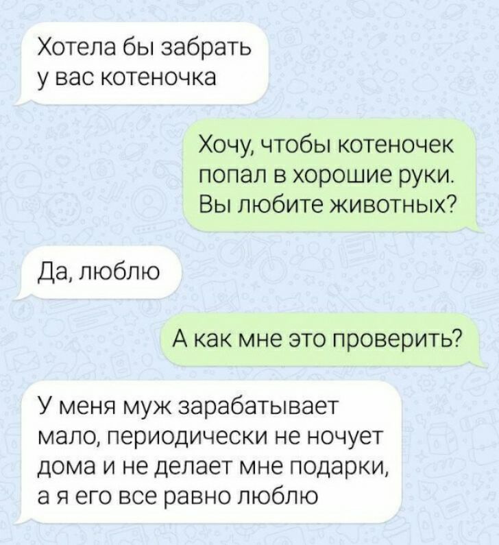 Хотела бы забрать у вас котеночка Хочу чтобы котеночек попал в хорошие руки Вы любите животных Да люблю А как мне это проверить У меня муж зарабатывает мало периодически не ночует дома и не делает мне подарки а я его все равно люблю