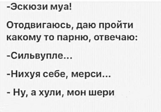 Эскю3и муа Отодвигаюсь даю пройти какому ТО парню отвечаю Сильвупле Нихуя себе мерси Ну а хули мон шери