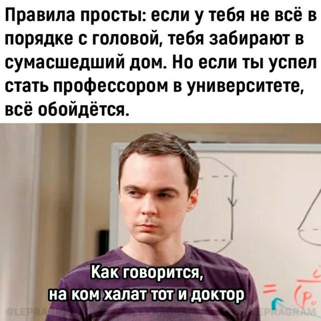 Правила просты если утебя не всё в порядке с головой тебя забирают в сумасшедший дом Но если ты успел стать профессором в университете всё обойдётся Как говорится на ком хатпат тот и доктор