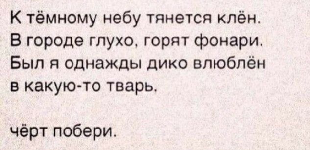 К тёмному небу тянется клён В городе глухо горят фонари Бып я однажды дико влюблён в какую то тварь чёрт побери