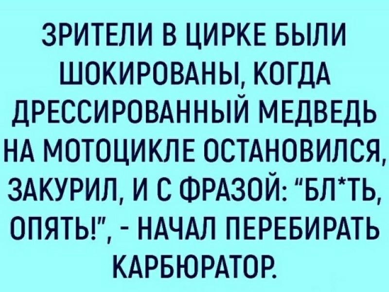 зрители в ЦИРКЕ БЫЛИ шокироыньь КОГДА дрвссировднный МЕДВЕДЬ НА мотоциклв остдновился здкурил и с ФРАЗОЙ влть опяты НАЧАЛ пврввирдть КАРБЮРАТОР