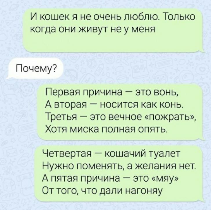 И кошек я не очень люблю Только КОГДЭ ОНИ ЖИВУТ не у меня Почему Первая причина это вонь А вторая носится как конь ТРЕТЬЯ _ ЭТО вечное КПОЖраТЬ Хотя миска полная опять Четвертая кошачий туалет НУЖНО ПОМЁНЯТЬ а желания НЭТ А пятая причина это мяу От того что дали нагоняу