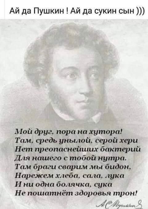 Ай да Пушкин Ай да сукин сын Мой друг пора на хутора Там средь унылой серой кери Нет преопаскейших бактерий Для нашего с тобой нутро Тим брпги сварши мы бидон Нарик ем хмюбп сала лука И ни одна болячки сука Но пошаткёт здоровья тром миА
