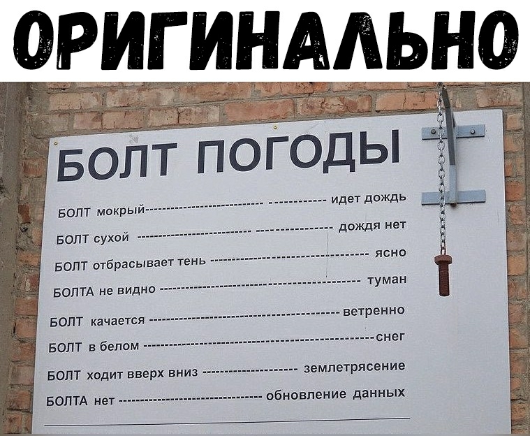 РИГИНА чё А 7 Б ОЛ Т П 0 ГОД Ь Болт мокрый идет дождь ЕОПТ сухой дождя нет БОЛТ отбрасывает тень БОЛТА не видно _ туман ЕОПТ качается вегренно ЕОПТ в белом снег землетрясение БОПТ ходит вверх вниз обновление данных БОПТА нет