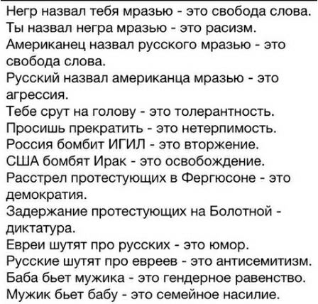 Негр назвал тебя мразью это свобода слова Ты назвал негра мразью это расизм Американец назвал русского мразью это свобода слова Русский назвал американца мразыо это агрессия Тебе срут на голову это толерантность Просишь прекратить это нетерпимость Россия бомбит ИГИЛ это вторжение США бомбят Ирак это освобождение Расстрел протестующих в Фергюсоне это ДЕМОКРЗТИЯ Задержание протестующих на Болотной д
