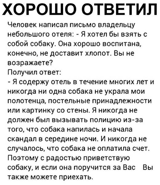 ХОРОШО ОТВЕТИЛ Человек написал письмо владельцу небольшого отеля Я хотел бы взять с собой собаку Она хорошо воспитана конечно не доставит хлопот Вы не возражаете Получил ответ Я содержу отель в течение многих лет и никогда ни одна собака не украла мои полотенца постельные принадлежности или картинку со стены Я никогда не должен был вызывать полицию изза того что собака напилась и начала скандал в 