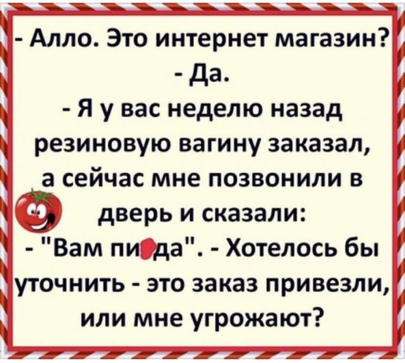 Алло Это интернет магазин да Я у вас неделю назад резиновую вагину заказал а сейчас мне позвонили в дверь и сказали Вам ниша Хотелось бы уточнить это заказ привезли или мне угрожают