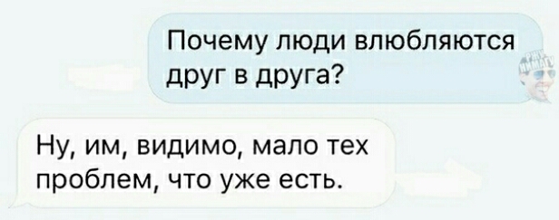 Почему люди влюбляются друг в друга Ну им видимо мало тех проблем что уже есть