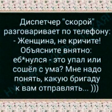 Диспетчер скорой разговаривает по телефону Женщина не кричите Объясните внятно ебнупся это упал или сошёл с ума Мне надо понять какую бригаду к вам отправлять