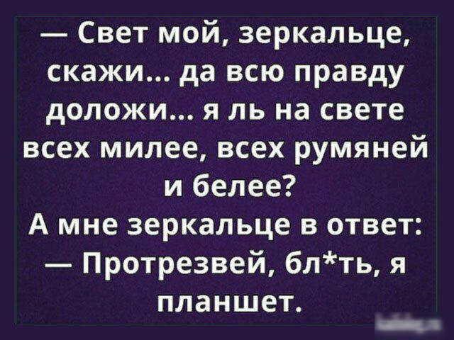 Свет мой зеркальце скажи да всю правду доложи я ль на свете всех милее всех румяней и белее А мне зеркальце в ответ Протрезвей блть я планшет __