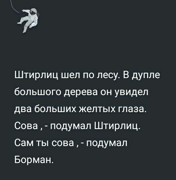 Штирлиц шел по лесу В дупле большого дерева он увидел два больших желтых глаза Сова подумал Штирлиц Сам ты сова подумал Борман