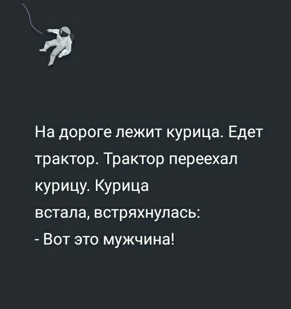 На дороге лежит курица Едет трактор Трактор переехал УРИЦУ КУРИЦа встала встряхнулась Вот это мужчина