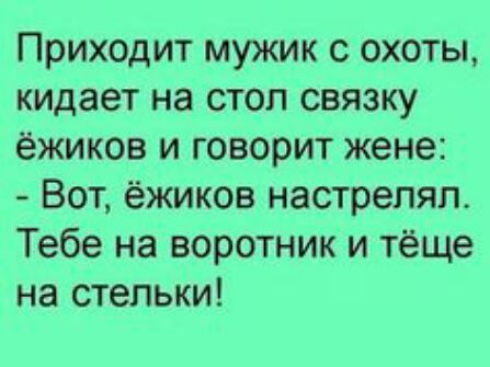 Приходит мужик с охоты кидает на стол связку ёжиков и говорит жене Вот ёжиков настреляп Тебе на воротник и тёще на стельки