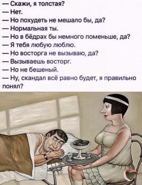 Скажи я топа ая Нет Но похудеть не мешало бы да Нормальная ты Но в бёдрах бы немного поменьше да Я тебя любую люблю Но восторга не вызываю дэ Вызываешь восторг Но не бешеный Ну скандал всё равно будет я правильно понял