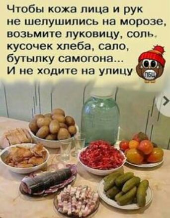 Чтобы кожа лица и рук не шепушипись на морозе возьмите луковицу соль кусочек хлеба сало бутылку самогона И не ходите на улицу