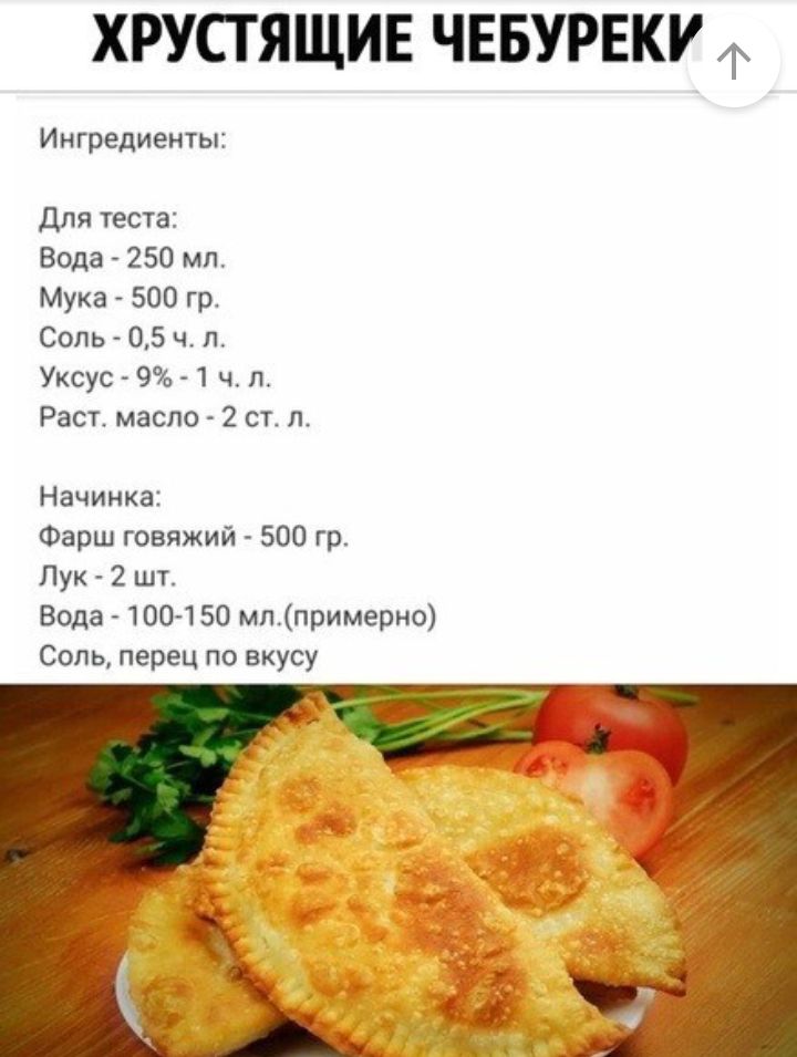ХРУСТЯЩИЕ ЧЕБУРЕКУ Ингредиенты для теста Вода 250 мл Мука 500 гр Соль 05 чл Уксус 9 1чп Расг масло 2 ст л Начинка Фарш говяжий 500 гр Лук 2 шт Вода 100 150 мппримерно Соль перец по вкусу