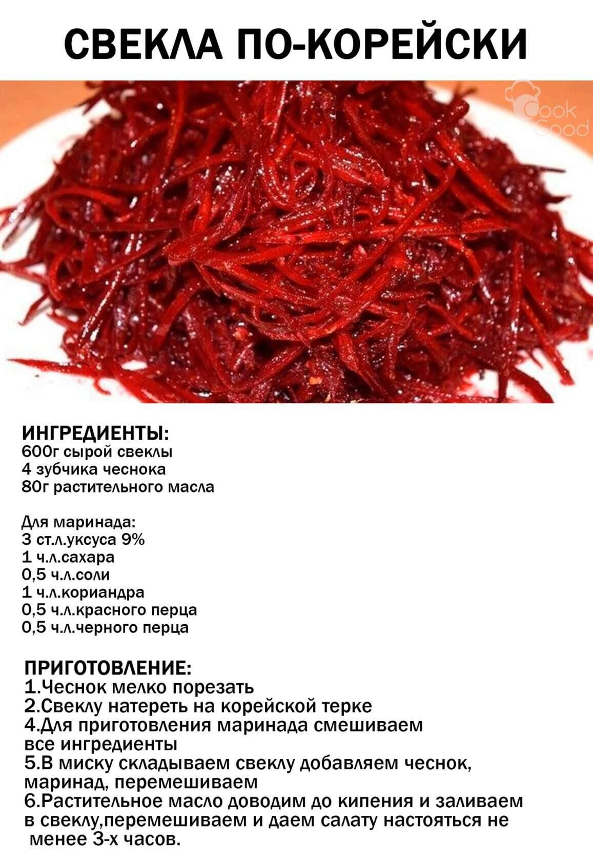 СВЕКАА по корвйски _ _ _ _ _ ИНГРЕДИЕНТЫ 600г сырой свеклы 4 зубчика чеснока 80г растительного масла Для маринада 3 стлуксуса 9 1 члсахара 05 члсоли 1 члкориандра 05 члкрасного перца 05 члчерного перца ПРИГОТОВАЕНИЕ 1Чеснок мелко порезать 2Свеклу натереть на корейской терке 4для приготовления маринада смешиваем все ингредиенты 5В миску складываем свеклу добавляем чеснок маринад перемешиваем 6Расти