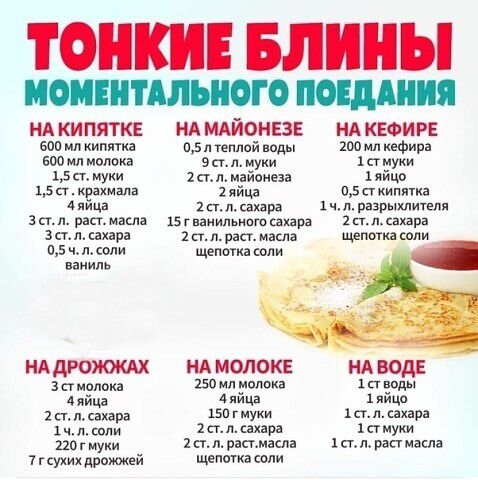 ТОПКИ Блины МЦНМО НА КИ ПЯТКЕ вап мп ипятиа 500 мл молока 15 муки 15 п крахмала яйца 3 стл раст масла 3 ст и сахара п5 ч д или ваниль НА дРОЯОКАХ ст молока 4 яйца 2 а л сахара и шли 220 г муки 1 г сухихдрпжжей НА МАЙОНЕЗЕ НА КЕФИРЕ с5 и теплой воды 200 мл иефира 9стлцуи ктмуки 1ппиайоиеза 1яйш7 гяйца 05пкиппиа 2п п сахара м разрыхлителл Згваиипьиотсахара 2пп_ахара 2 пп раст масла щепыиа тли Шепот 