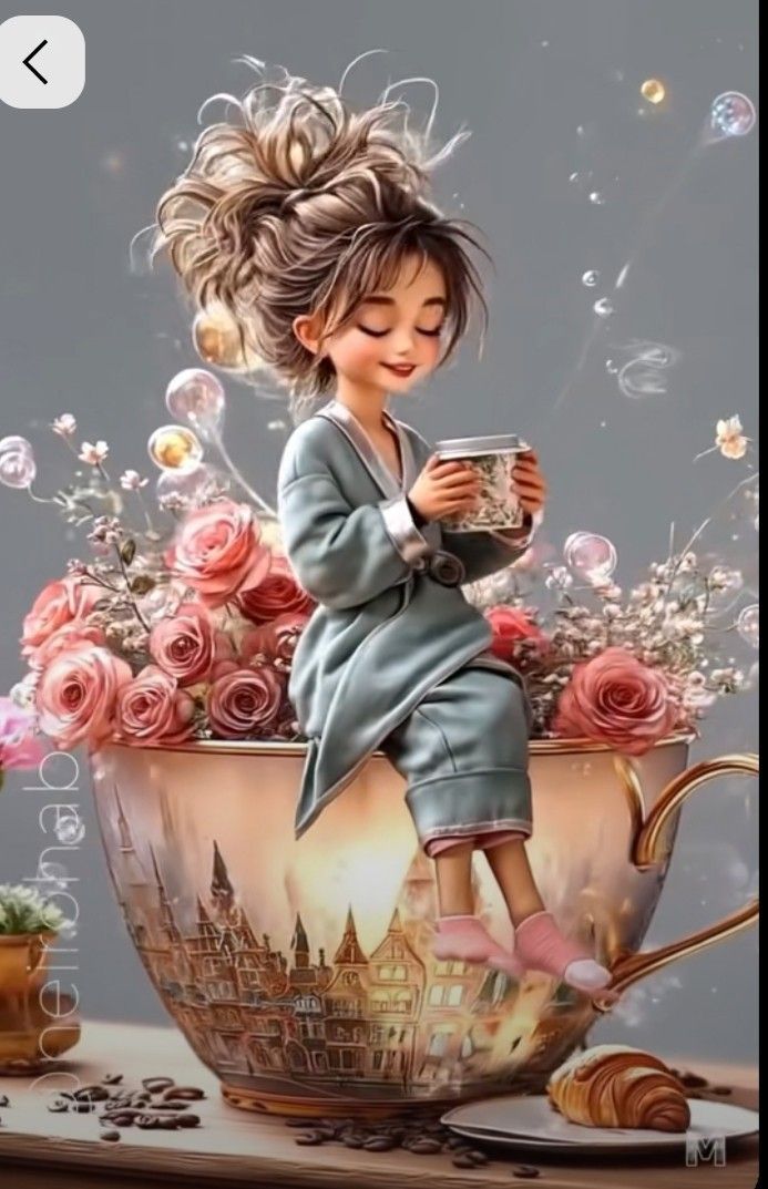 Иллюстрация маленькой девочки в цифровом стиле, сидящей в чайной чашке среди роз и пузырьков.