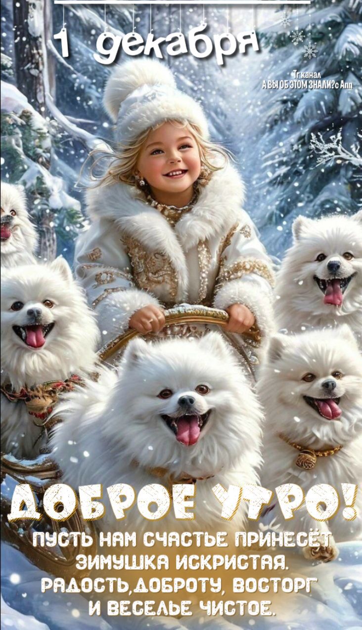 1 декабря
ДОБРОЕ УТРО! ПУСТЬ НАМ СЧАСТЬЕ ПРИНЕСТЁТ ЗИМУШКА ИСКРИСТА. РАДОСТЬ ДОБРОТУ, ВОСТОР И ВЕСЕЛЬЕ ЧИСТОЕ,