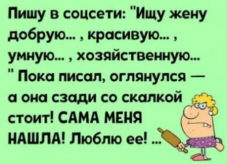 Пишу в соцсети Ищу жену добрую красивую умную хозяйственную Пока писал оглянулся