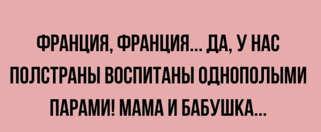 ФРАНЦИЯ ФРАНЦИЯ ДА У НАС ПОЛСТРАНЫ ВОСПИТАНЫ ОДНППОЛЫМИ ПАРАМИ МАМА И БАБУШКА