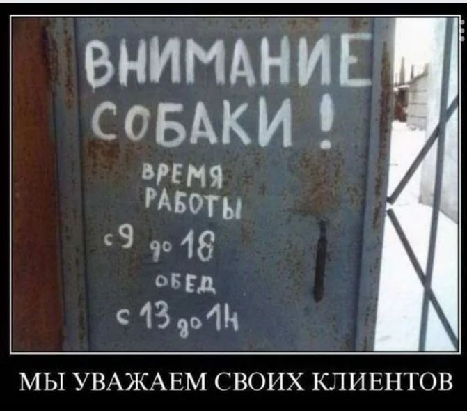 ВНИМАНИЕ соБАКИ 9 ОБЕД С 13 04 МЫ УВАЖАЕМ СВОИХ КЛИЕНТОВ